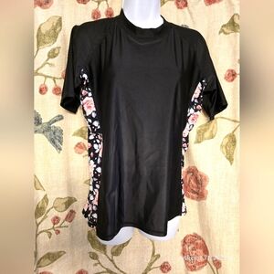 Enjoy The Sunshine, women's sz LG swim-tee, black w rose print side panels